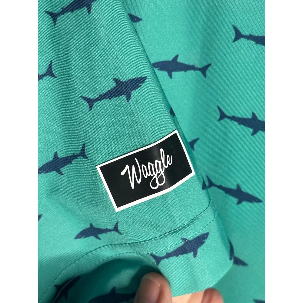 Waggle Golf Polo Shirt Mens Large Teal Green Blue Shark Print Performance - Picture 4 of 5